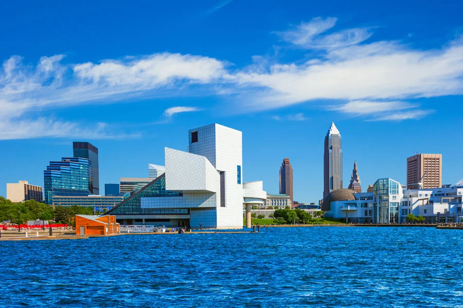 photo of downtown cleveland on a clear blue summer day