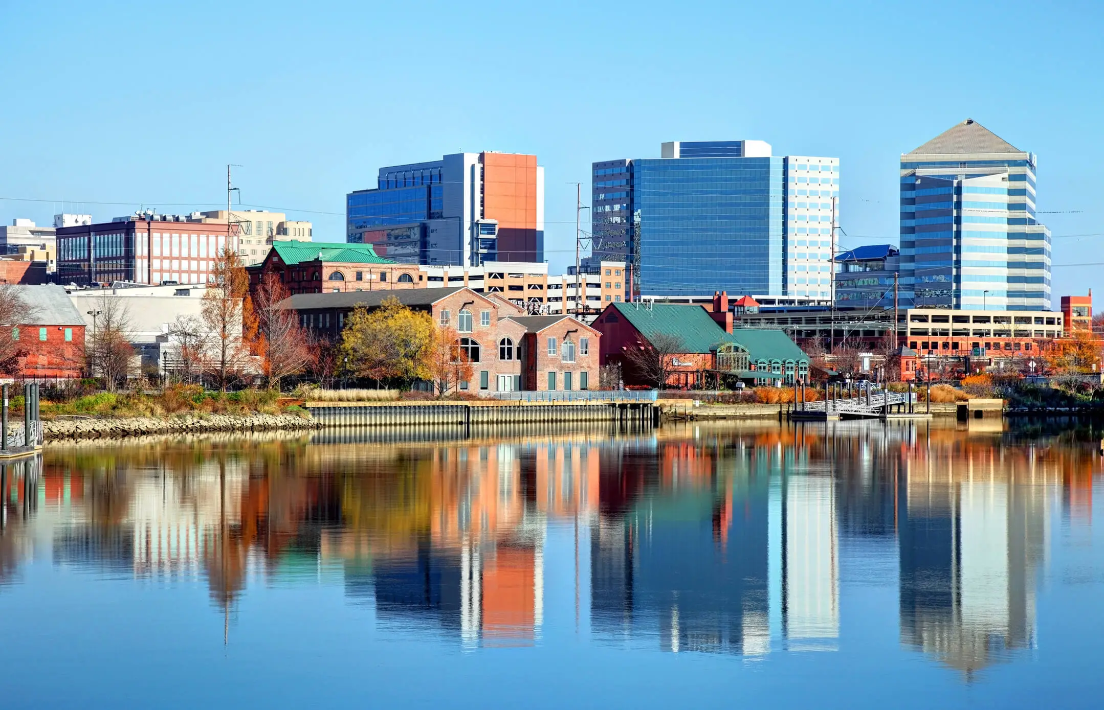 This is a photo of the wilmington delaware skyline overlooking a body of water